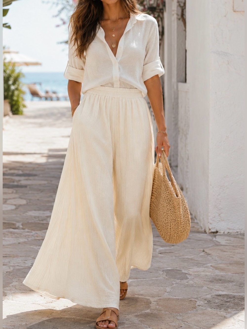 100%cotton Gauze wide leg palazzo ivory cream pants made in Thailand.